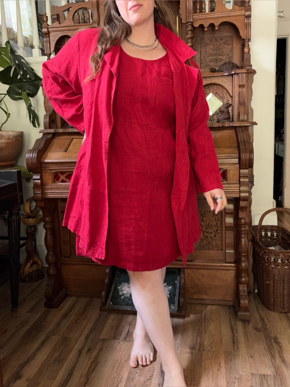 Retro 90s Red Women's 100% Linen Dress with Matching Jacket